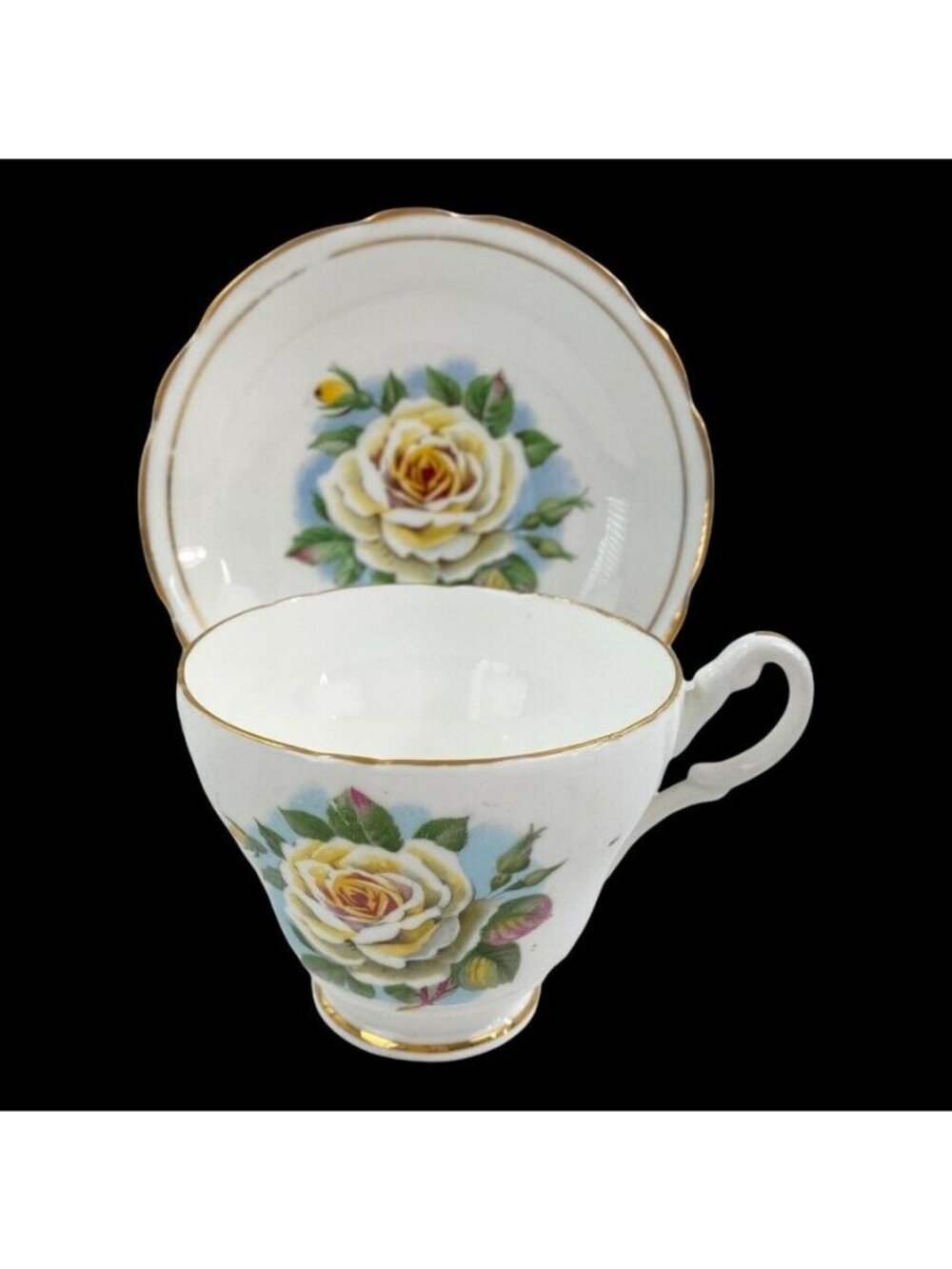 Regency Silver Queen Bone China Cup and Saucer England Yellow Rose Gold Trim